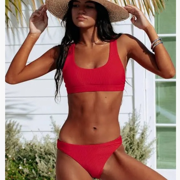Beach Riot Red Ribbed Scoop Neck Bikini Set - Picture 2 of 7